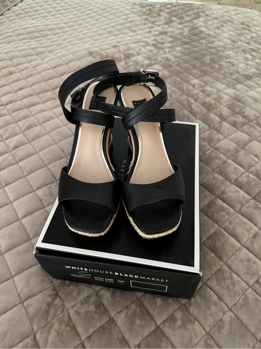 White House Black Market Black Leather Espadrille Wedge Sandals with Ankle Strap